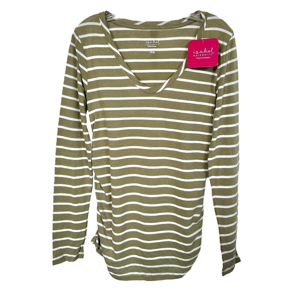 Isabel Maternity Women's Long Sleeve Scoop Neck Shirred Top Size S Green Striped